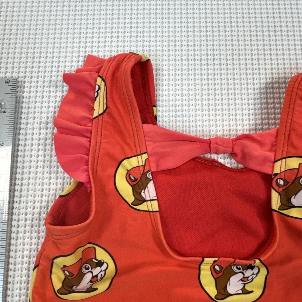 Buc-ee's Baby Swimsuit 12-18M One Piece Red Beaver Print Girls Ruffle Cute